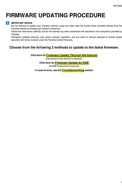 yamaha雅马哈RX-V683 firmware update installation manual